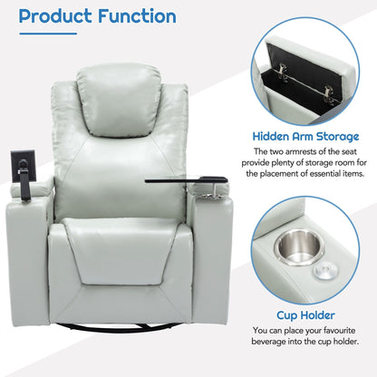 Roomfitters 270Â° Swivel PU Leather Power Recliner with Built-In Surround Sound, Removable Tray Table, Hidden Arm Storage
