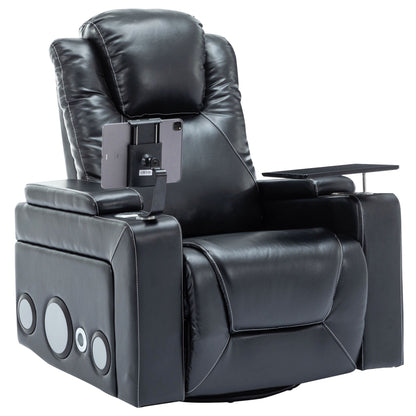 Roomfitters 270Â° Swivel PU Leather Power Recliner with Built-In Surround Sound, Removable Tray Table, Hidden Arm Storage