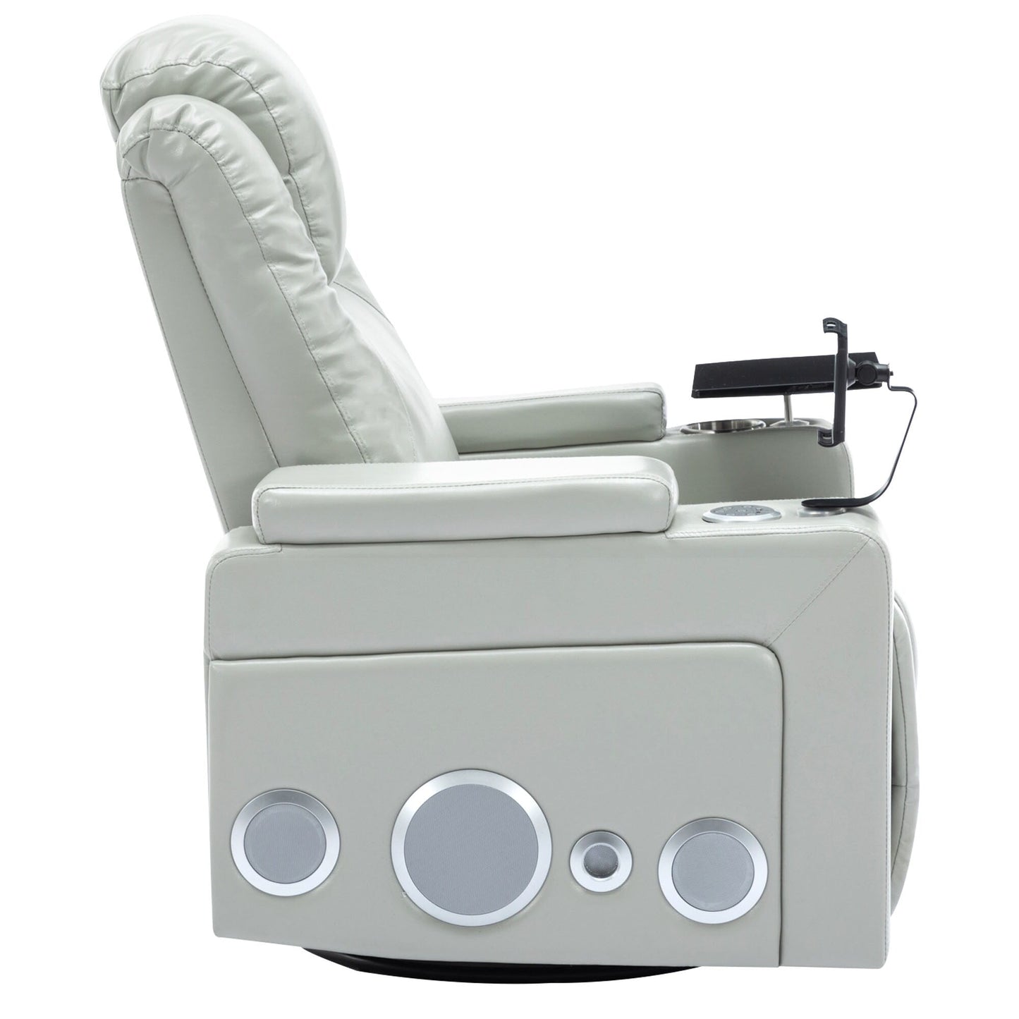 Roomfitters 270Â° Swivel PU Leather Power Recliner with Built-In Surround Sound, Removable Tray Table, Hidden Arm Storage