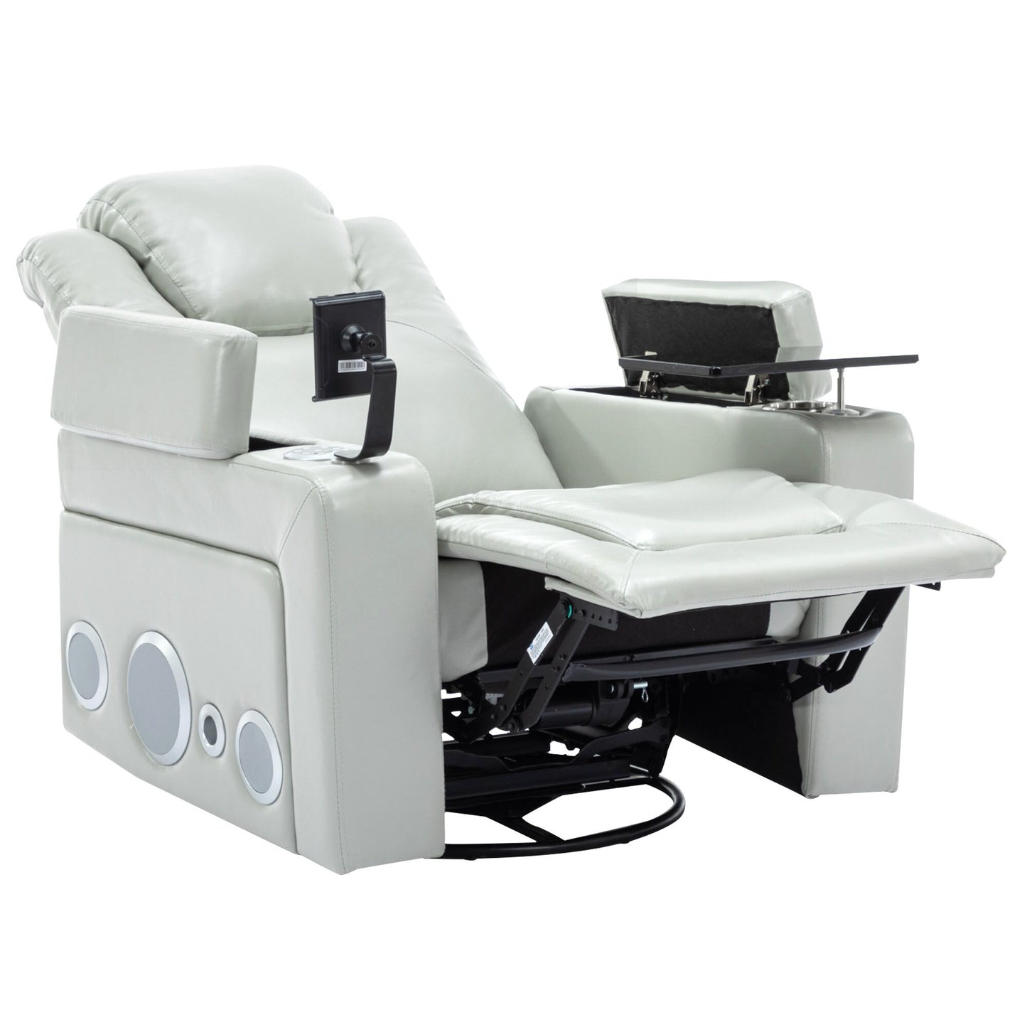 Roomfitters 270Â° Swivel PU Leather Power Recliner with Built-In Surround Sound, Removable Tray Table, Hidden Arm Storage