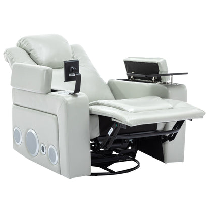 Roomfitters 270Â° Swivel PU Leather Power Recliner with Built-In Surround Sound, Removable Tray Table, Hidden Arm Storage