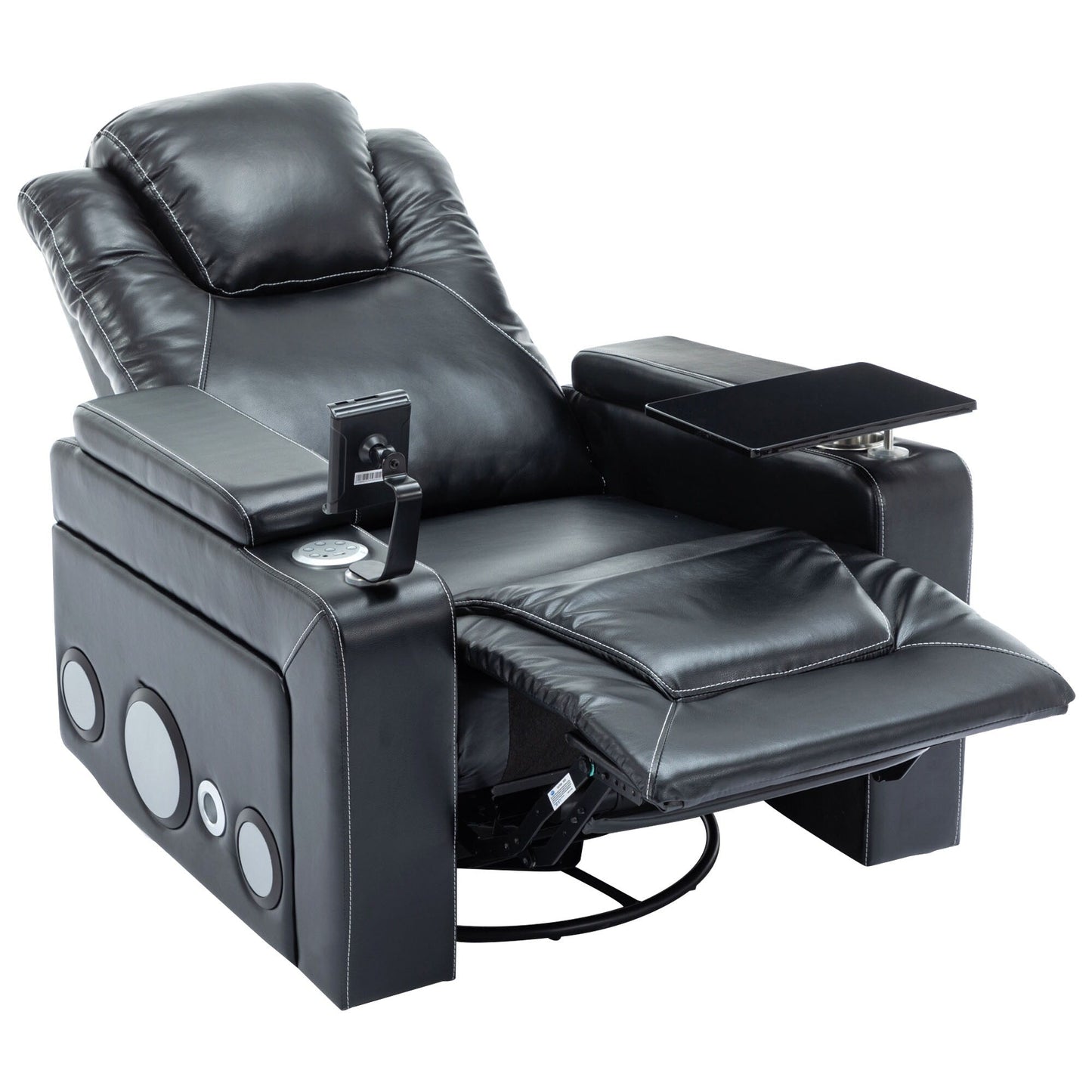 Roomfitters 270Â° Swivel PU Leather Power Recliner with Built-In Surround Sound, Removable Tray Table, Hidden Arm Storage