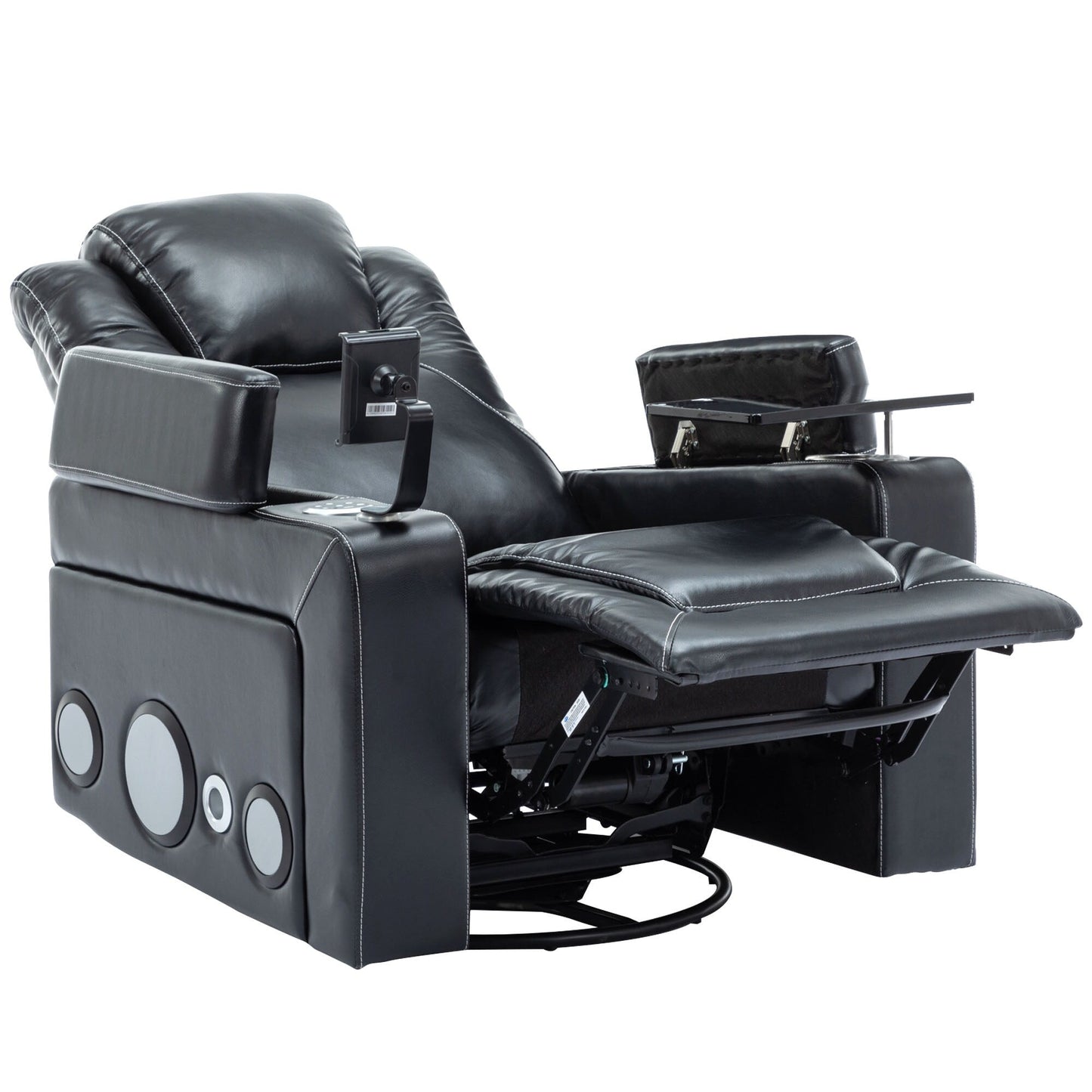 Roomfitters 270Â° Swivel PU Leather Power Recliner with Built-In Surround Sound, Removable Tray Table, Hidden Arm Storage
