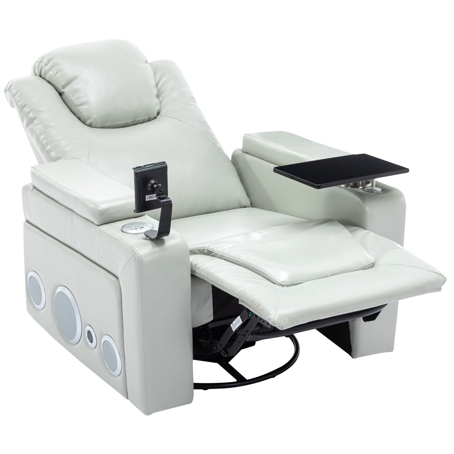 Roomfitters 270Â° Swivel PU Leather Power Recliner with Built-In Surround Sound, Removable Tray Table, Hidden Arm Storage