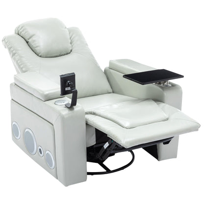 Roomfitters 270Â° Swivel PU Leather Power Recliner with Built-In Surround Sound, Removable Tray Table, Hidden Arm Storage