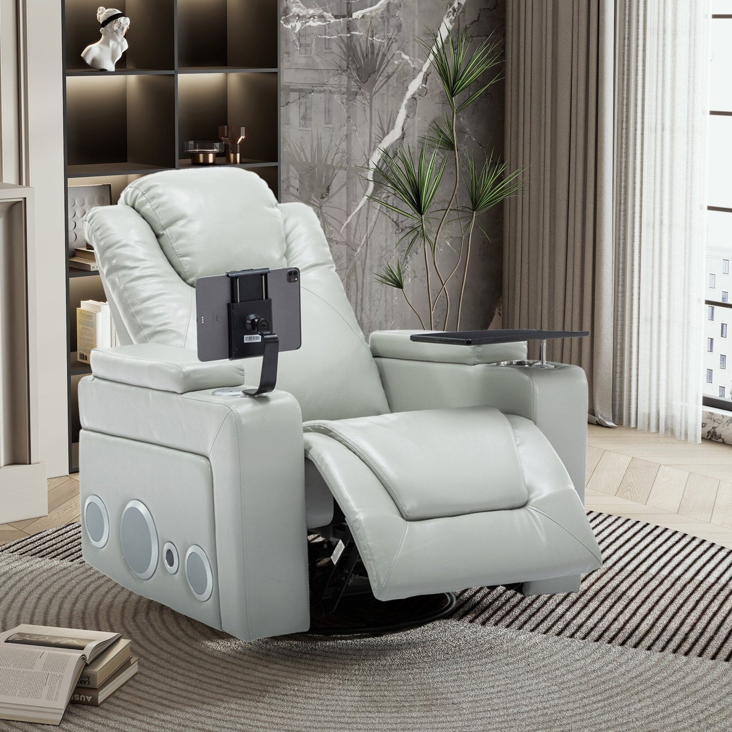 Roomfitters 270Â° Swivel PU Leather Power Recliner with Built-In Surround Sound, Removable Tray Table, Hidden Arm Storage