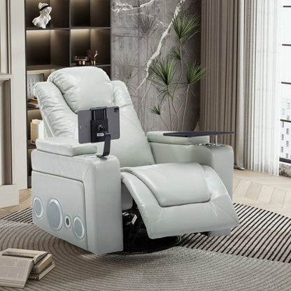 Roomfitters 270Â° Swivel PU Leather Power Recliner with Built-In Surround Sound, Removable Tray Table, Hidden Arm Storage