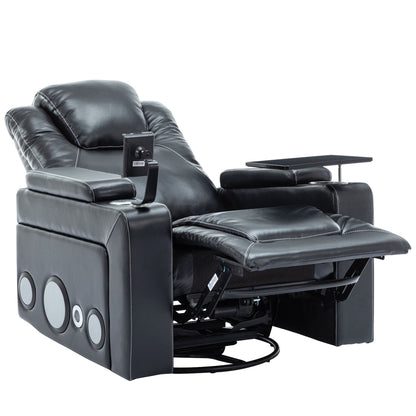 Roomfitters 270Â° Swivel PU Leather Power Recliner with Built-In Surround Sound, Removable Tray Table, Hidden Arm Storage