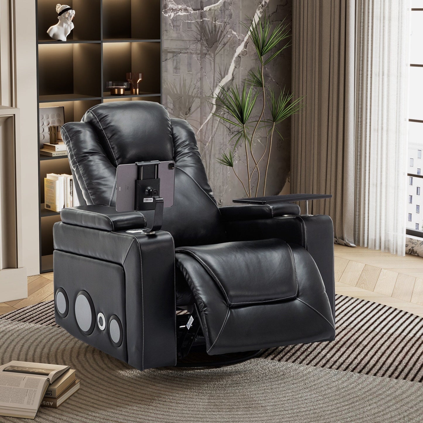 Roomfitters 270Â° Swivel PU Leather Power Recliner with Built-In Surround Sound, Removable Tray Table, Hidden Arm Storage