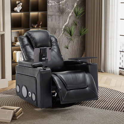 Roomfitters 270Â° Swivel PU Leather Power Recliner with Built-In Surround Sound, Removable Tray Table, Hidden Arm Storage