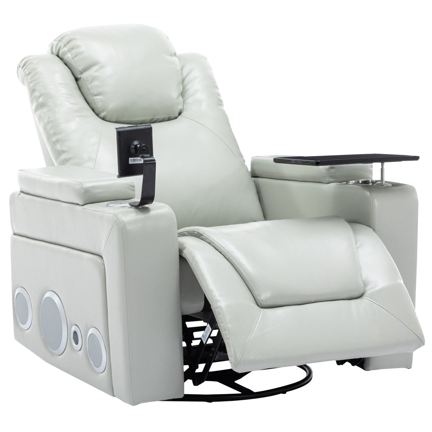 Roomfitters 270Â° Swivel PU Leather Power Recliner with Built-In Surround Sound, Removable Tray Table, Hidden Arm Storage