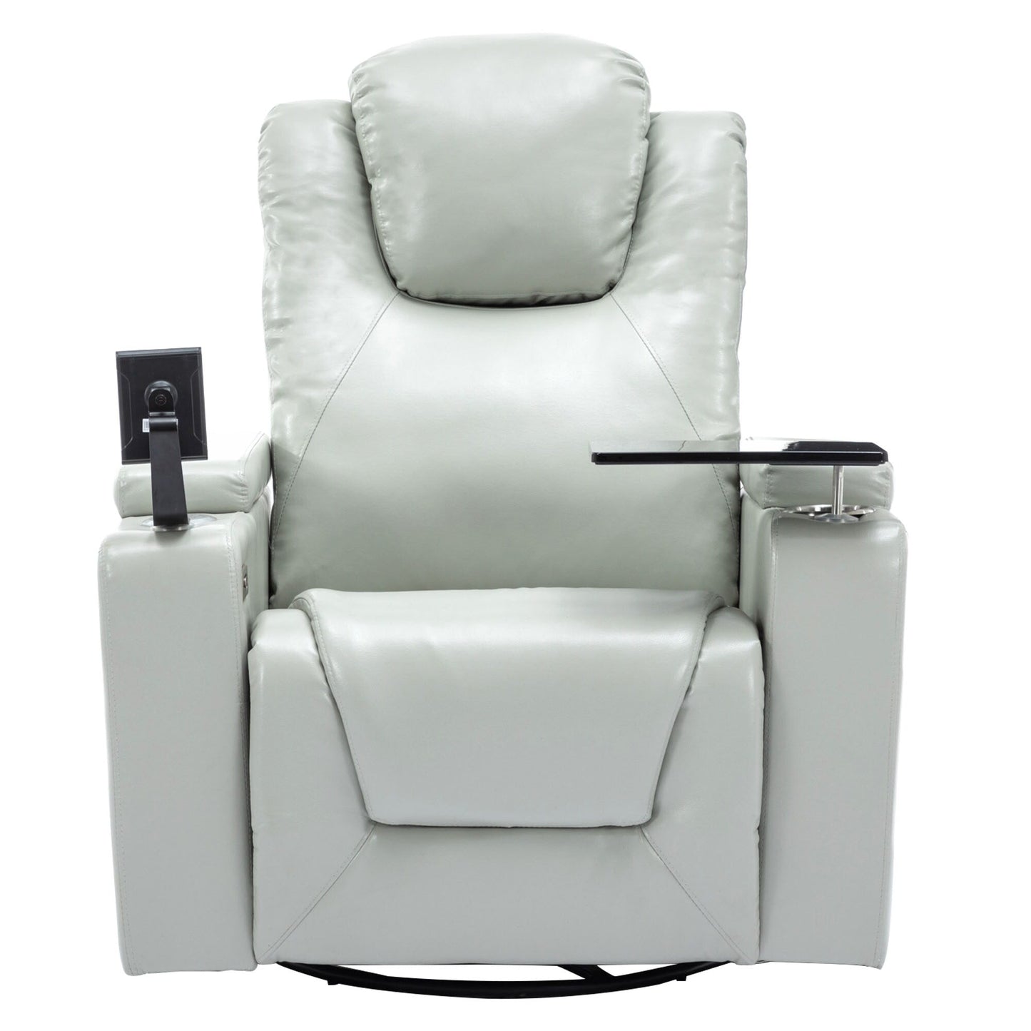 Roomfitters 270Â° Swivel PU Leather Power Recliner with Built-In Surround Sound, Removable Tray Table, Hidden Arm Storage