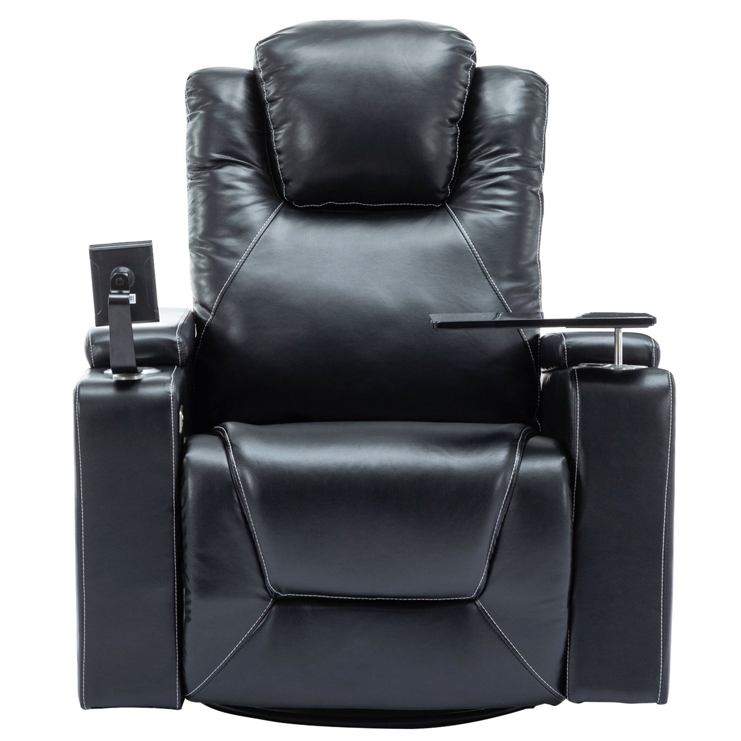 Roomfitters 270Â° Swivel PU Leather Power Recliner with Built-In Surround Sound, Removable Tray Table, Hidden Arm Storage