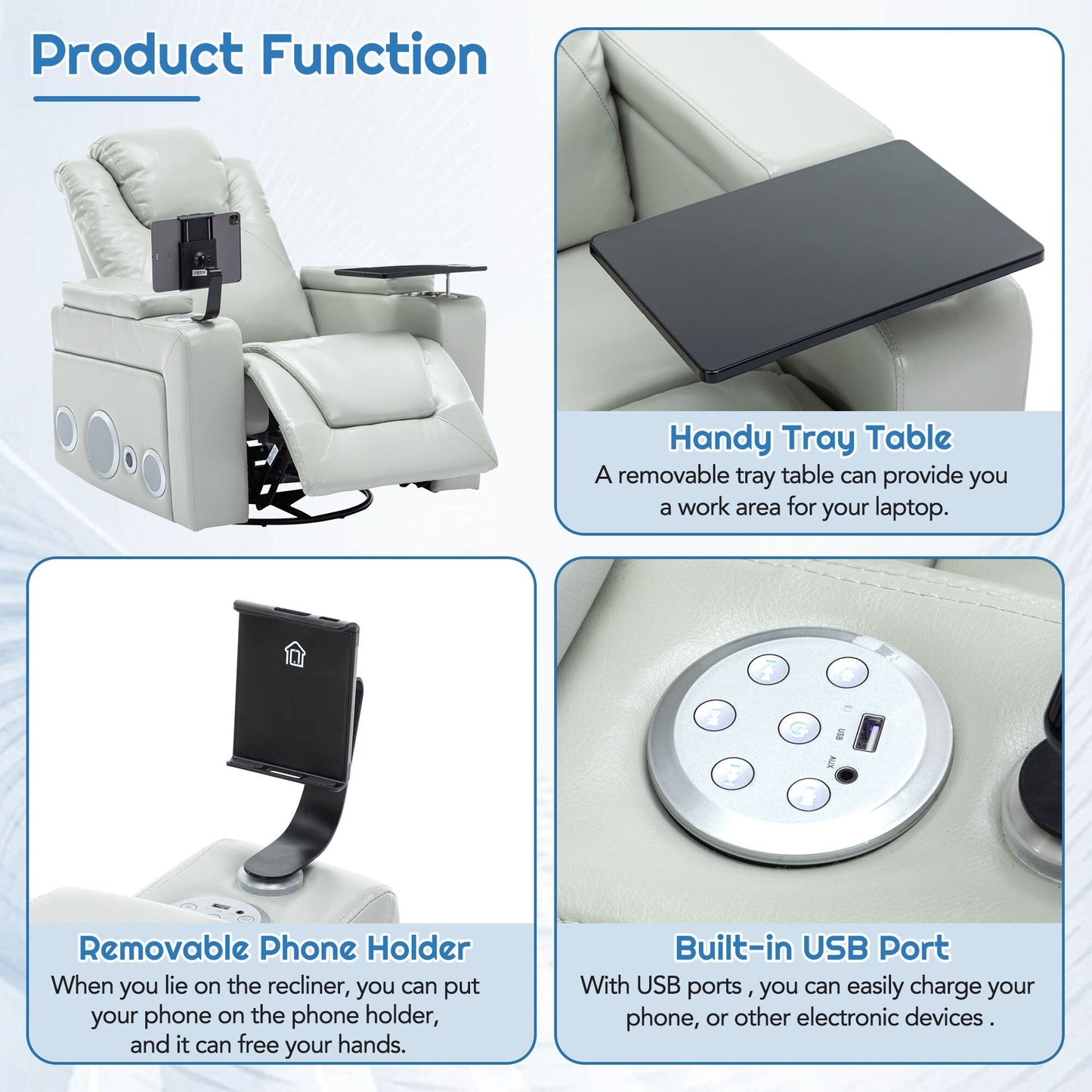 Roomfitters 270Â° Swivel PU Leather Power Recliner with Built-In Surround Sound, Removable Tray Table, Hidden Arm Storage