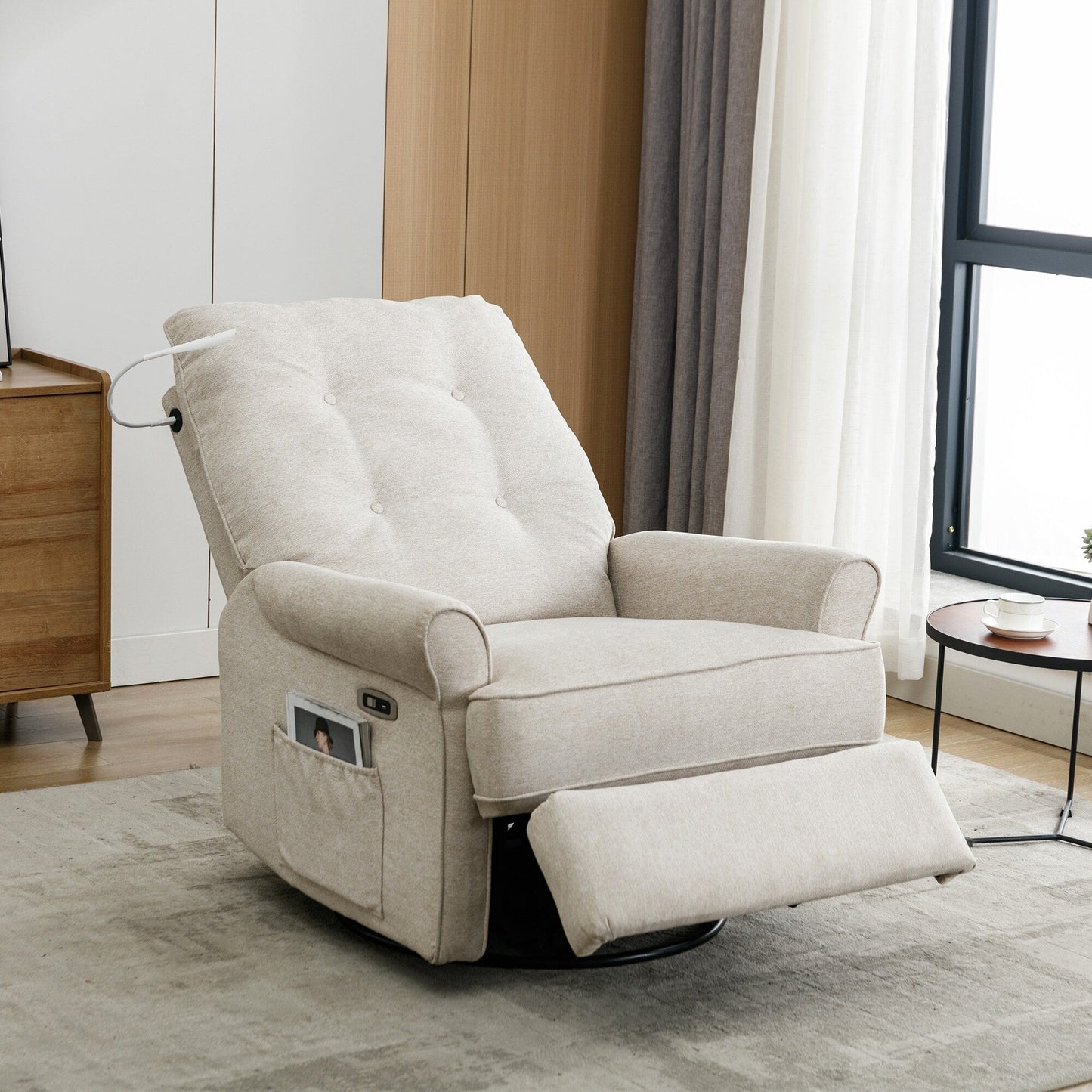 Roomfitters 270Â° Swivel Recliner Chair with USB Charging Port, Side Storage Pocket, and Touch-Activated Lamp, Cream