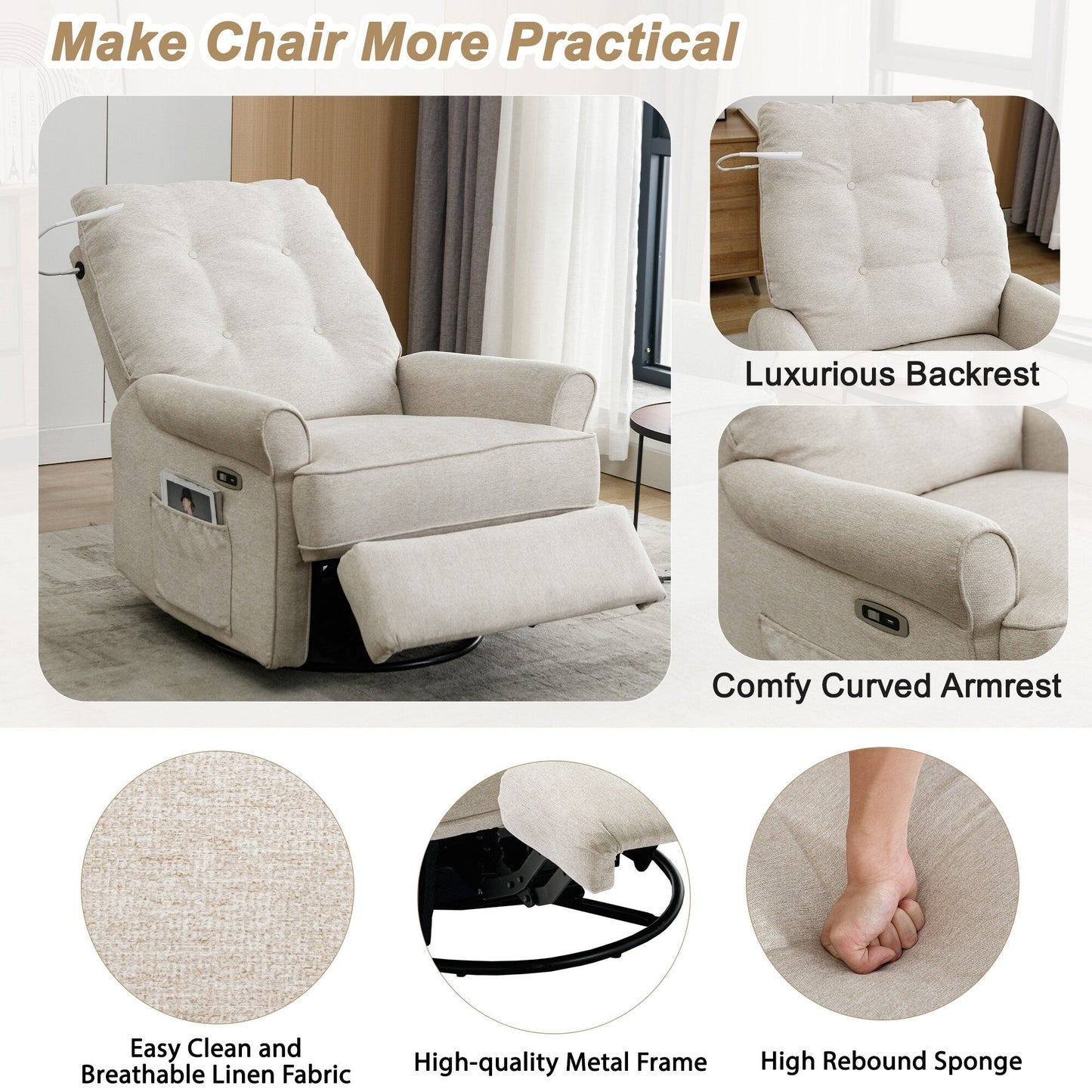 Roomfitters 270Â° Swivel Recliner Chair with USB Charging Port, Side Storage Pocket, and Touch-Activated Lamp, Cream