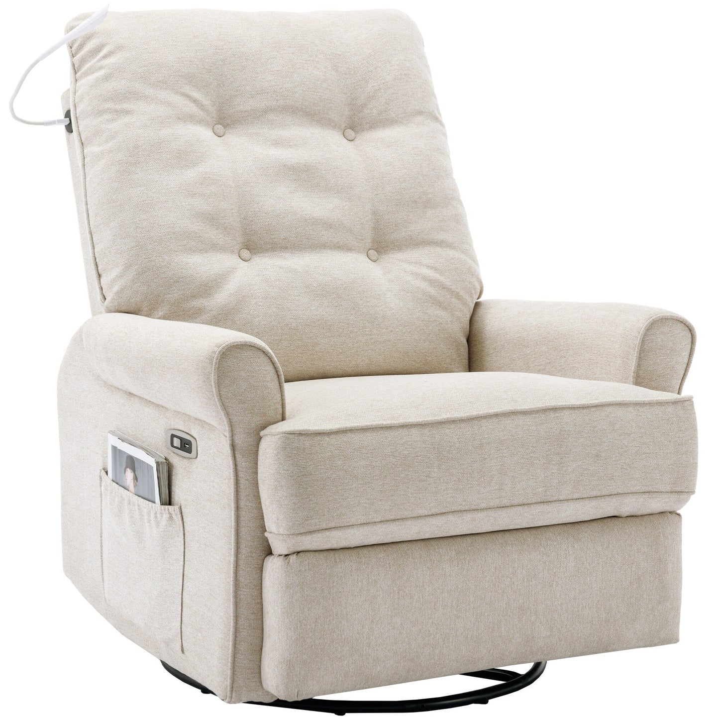 Roomfitters 270Â° Swivel Recliner Chair with USB Charging Port, Side Storage Pocket, and Touch-Activated Lamp, Cream