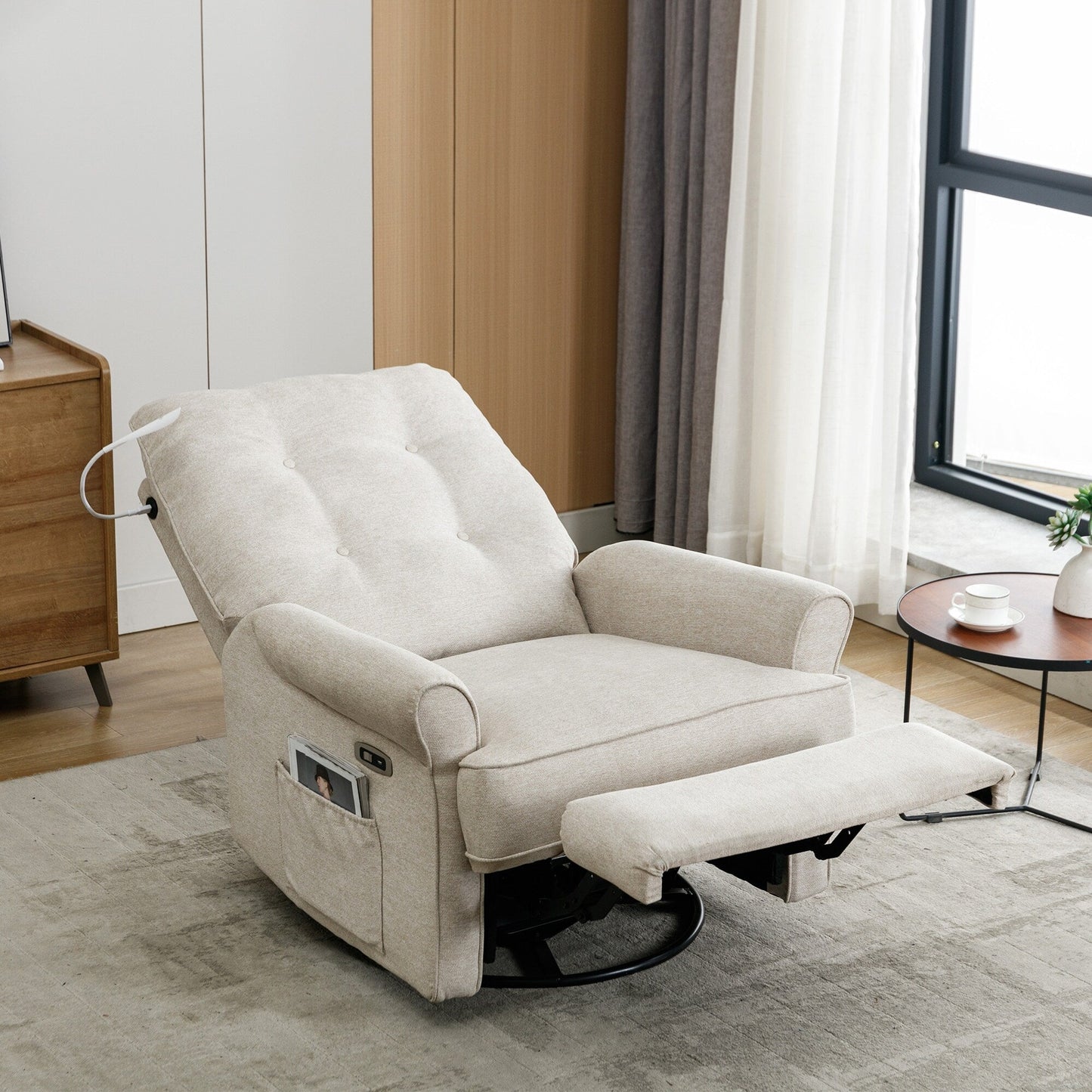 Roomfitters 270Â° Swivel Recliner Chair with USB Charging Port, Side Storage Pocket, and Touch-Activated Lamp, Cream