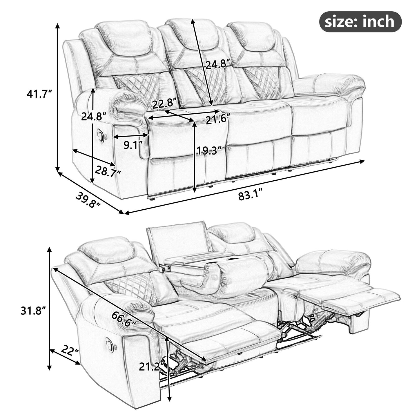 Roomfitters 3 Pcs Recliner Sofa Set with Manual Recliner Chairs, Center Console Storage, and Soft Ambient Lighting