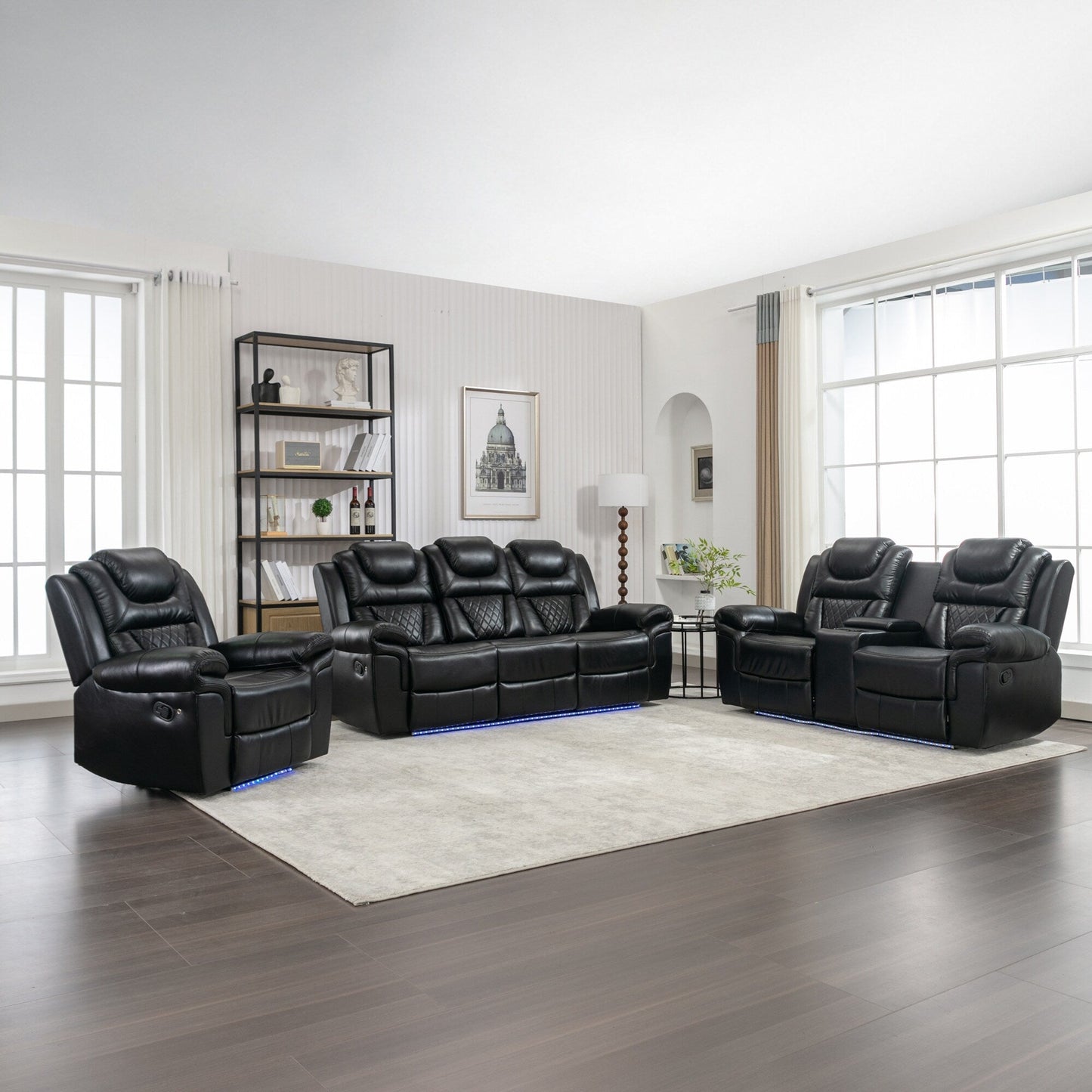 Roomfitters 3 Pcs Recliner Sofa Set with Manual Recliner Chairs, Center Console Storage, and Soft Ambient Lighting
