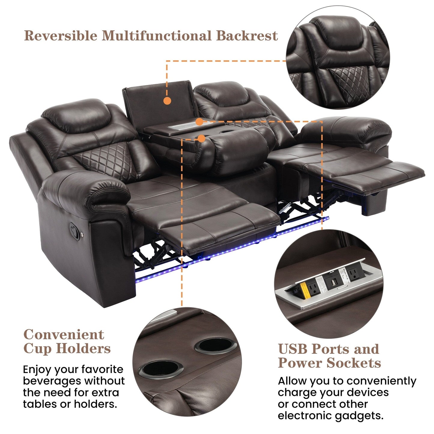 Roomfitters 3 Pcs Recliner Sofa Set with Manual Recliner Chairs, Center Console Storage, and Soft Ambient Lighting