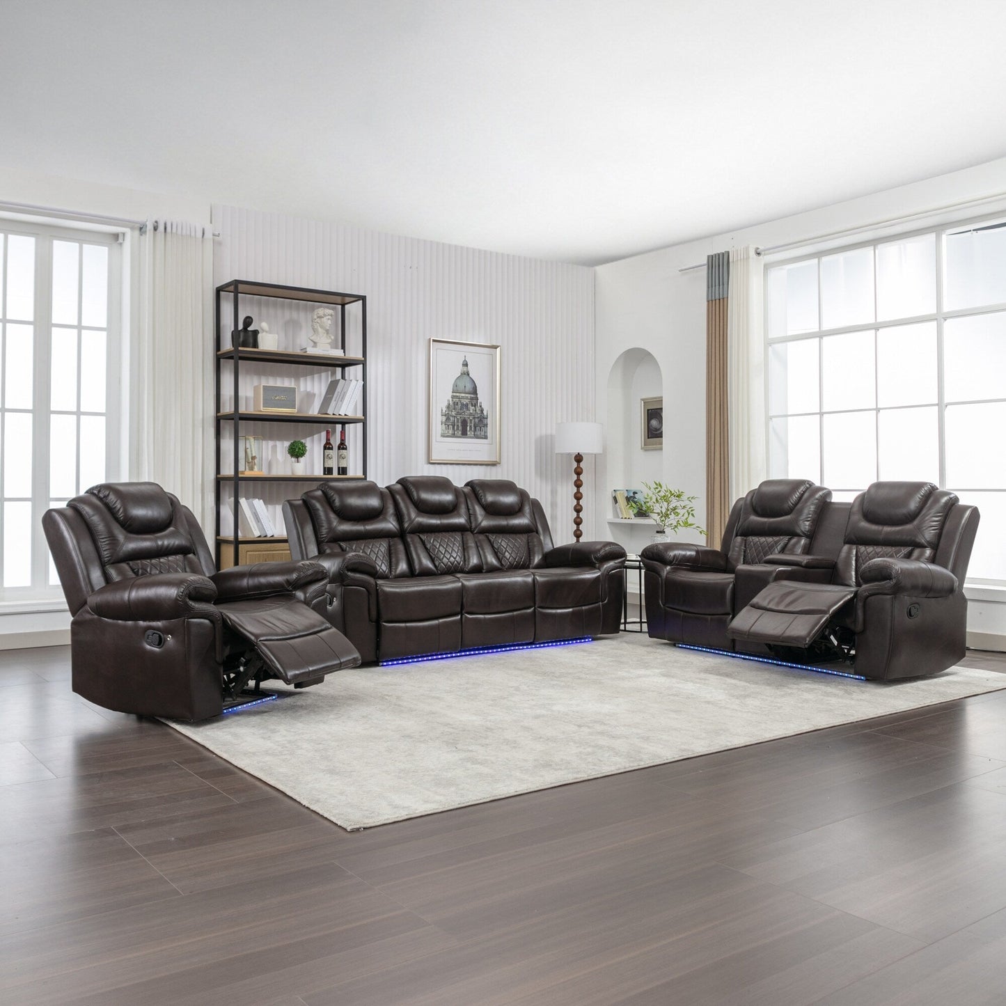 Roomfitters 3 Pcs Recliner Sofa Set with Manual Recliner Chairs, Center Console Storage, and Soft Ambient Lighting