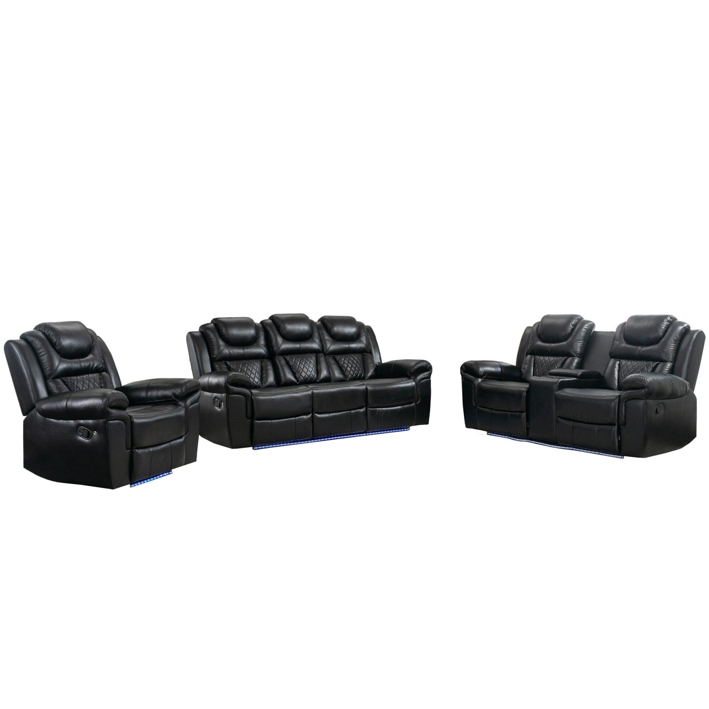 Roomfitters 3 Pcs Recliner Sofa Set with Manual Recliner Chairs, Center Console Storage, and Soft Ambient Lighting