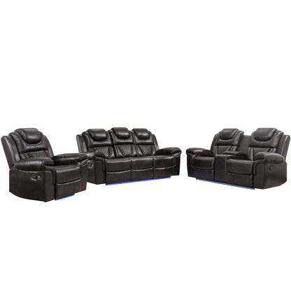 Roomfitters 3 Pcs Recliner Sofa Set with Manual Recliner Chairs, Center Console Storage, and Soft Ambient Lighting