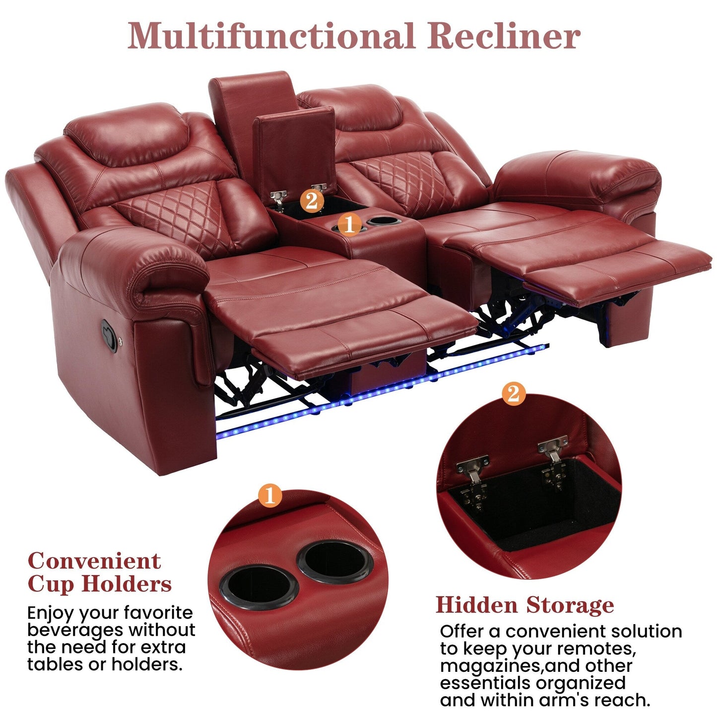 Roomfitters 3 Pcs Recliner Sofa Set with Manual Recliner Chairs, Center Console Storage, and Soft Ambient Lighting