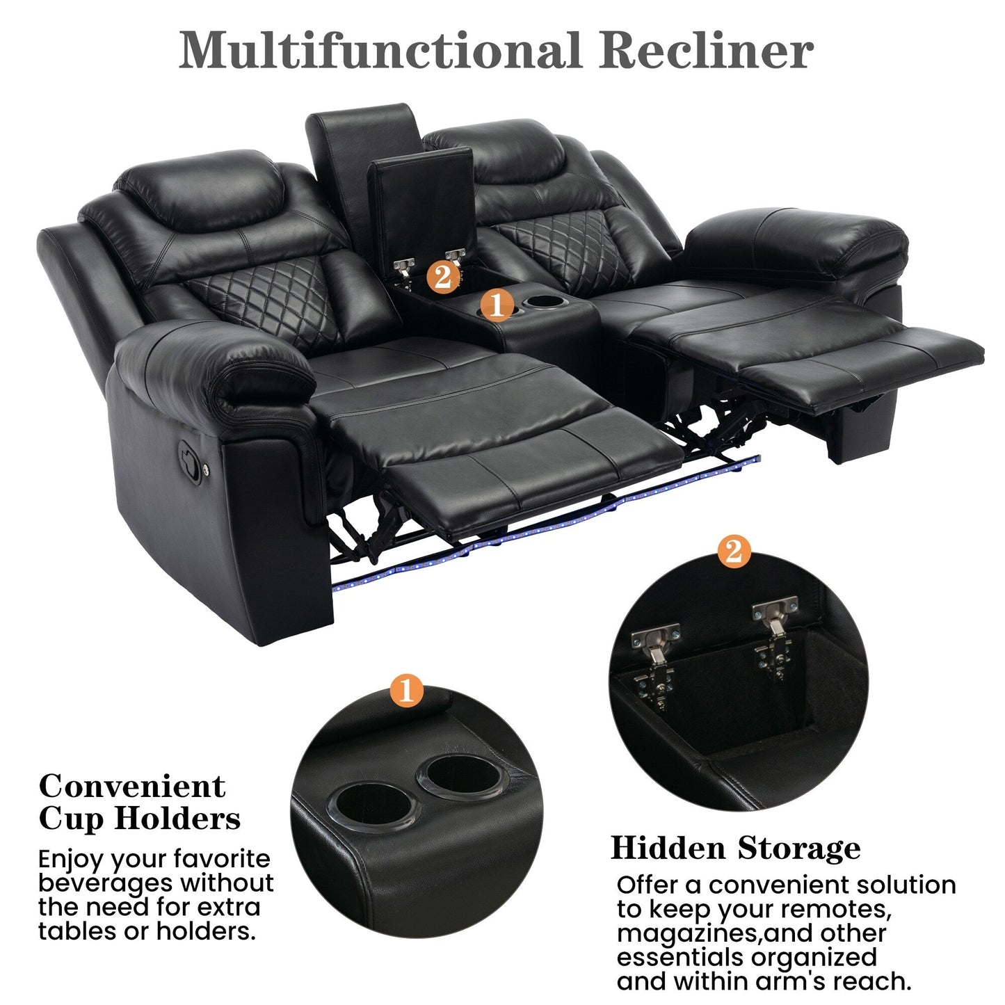 Roomfitters 3 Pcs Recliner Sofa Set with Manual Recliner Chairs, Center Console Storage, and Soft Ambient Lighting