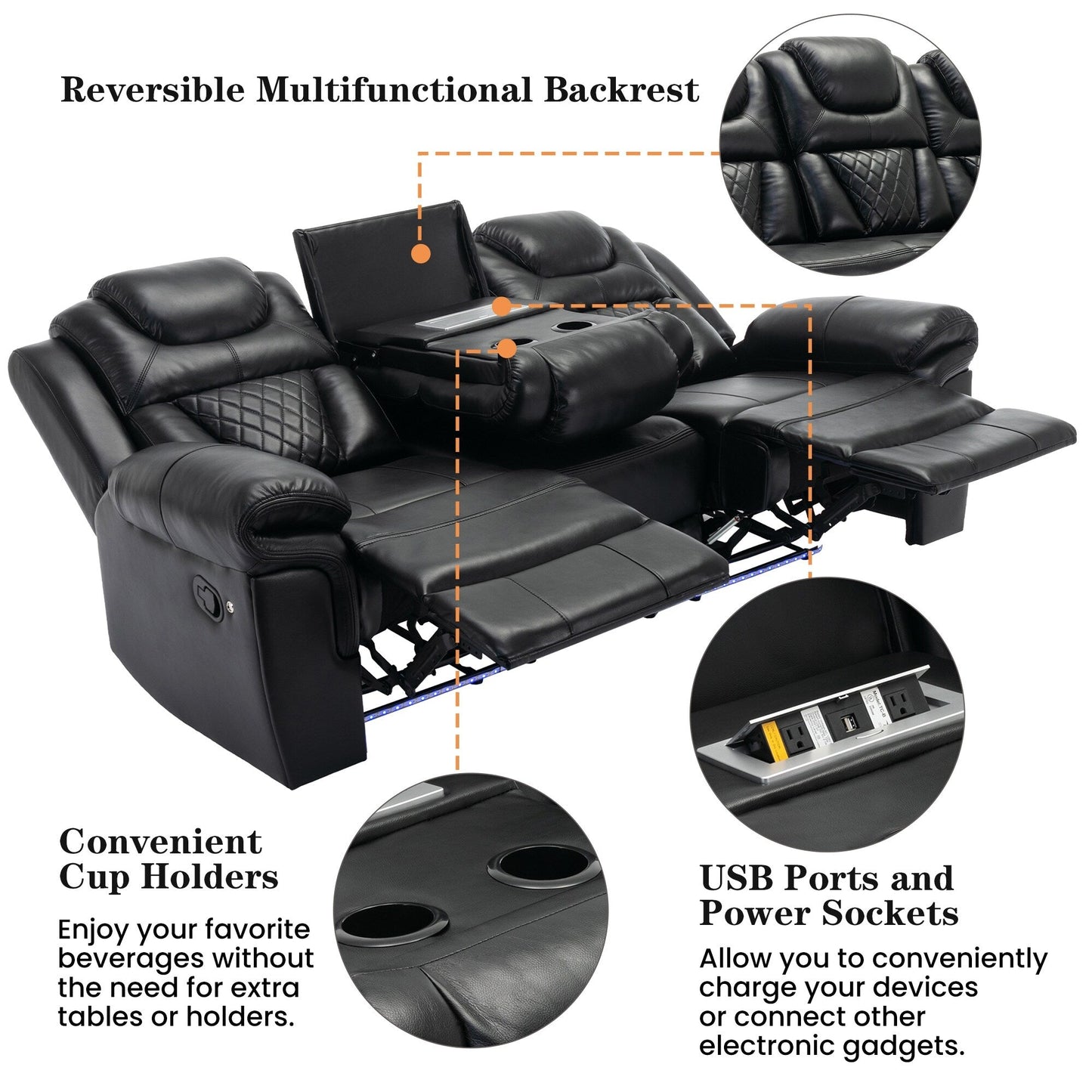 Roomfitters 3 Pcs Recliner Sofa Set with Manual Recliner Chairs, Center Console Storage, and Soft Ambient Lighting