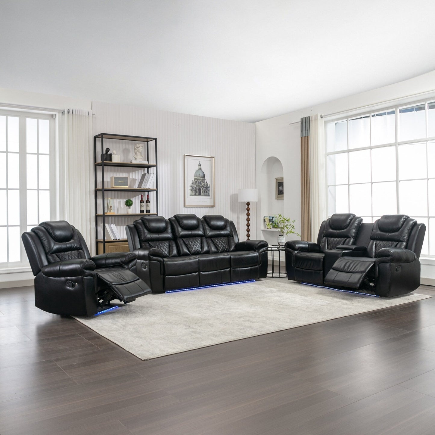 Roomfitters 3 Pcs Recliner Sofa Set with Manual Recliner Chairs, Center Console Storage, and Soft Ambient Lighting