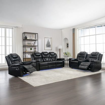 Roomfitters 3 Pcs Recliner Sofa Set with Manual Recliner Chairs, Center Console Storage, and Soft Ambient Lighting