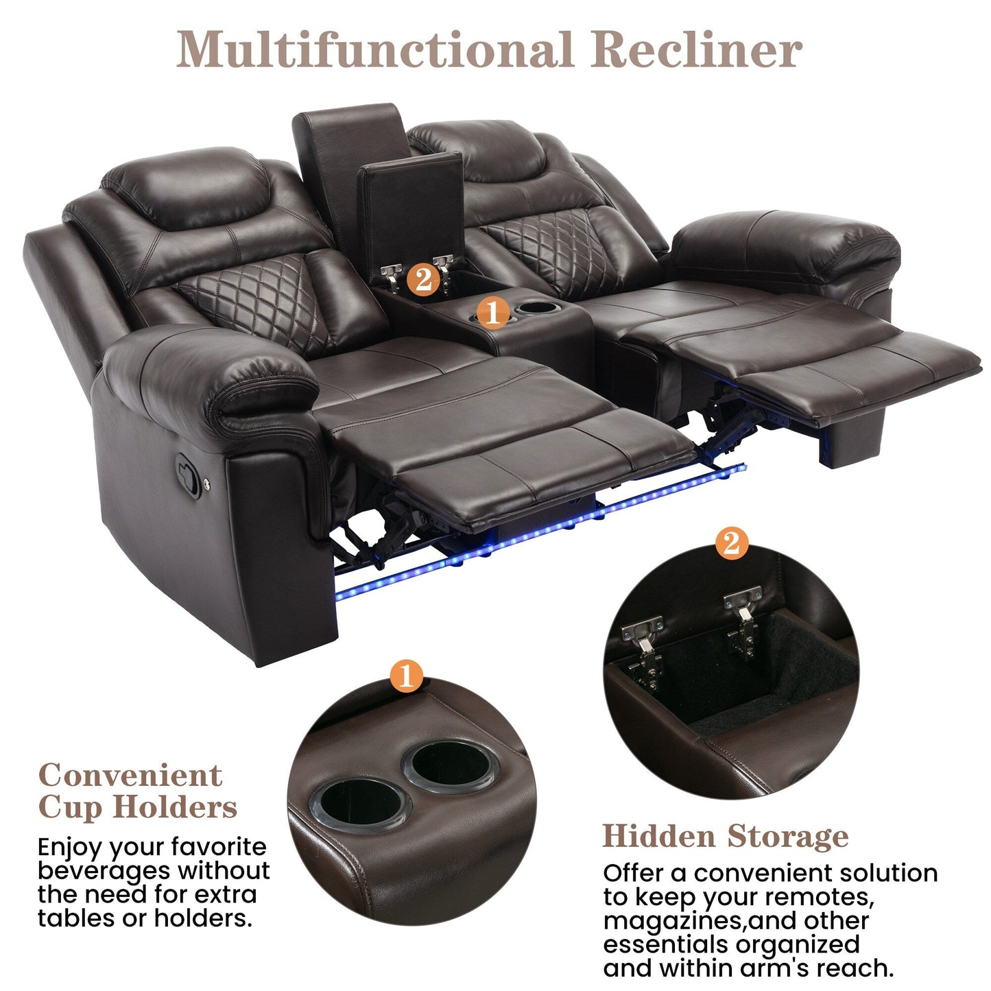 Roomfitters 3 Pcs Recliner Sofa Set with Manual Recliner Chairs, Center Console Storage, and Soft Ambient Lighting