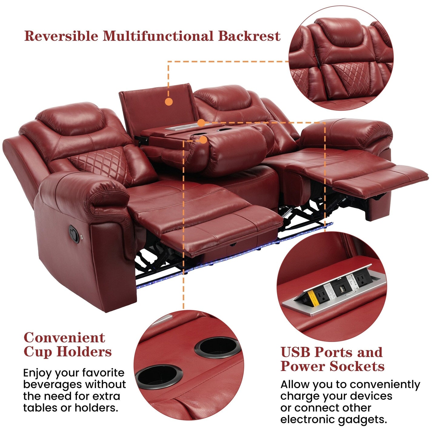 Roomfitters 3 Pcs Recliner Sofa Set with Manual Recliner Chairs, Center Console Storage, and Soft Ambient Lighting
