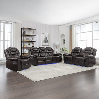 Roomfitters 3 Pcs Recliner Sofa Set with Manual Recliner Chairs, Center Console Storage, and Soft Ambient Lighting