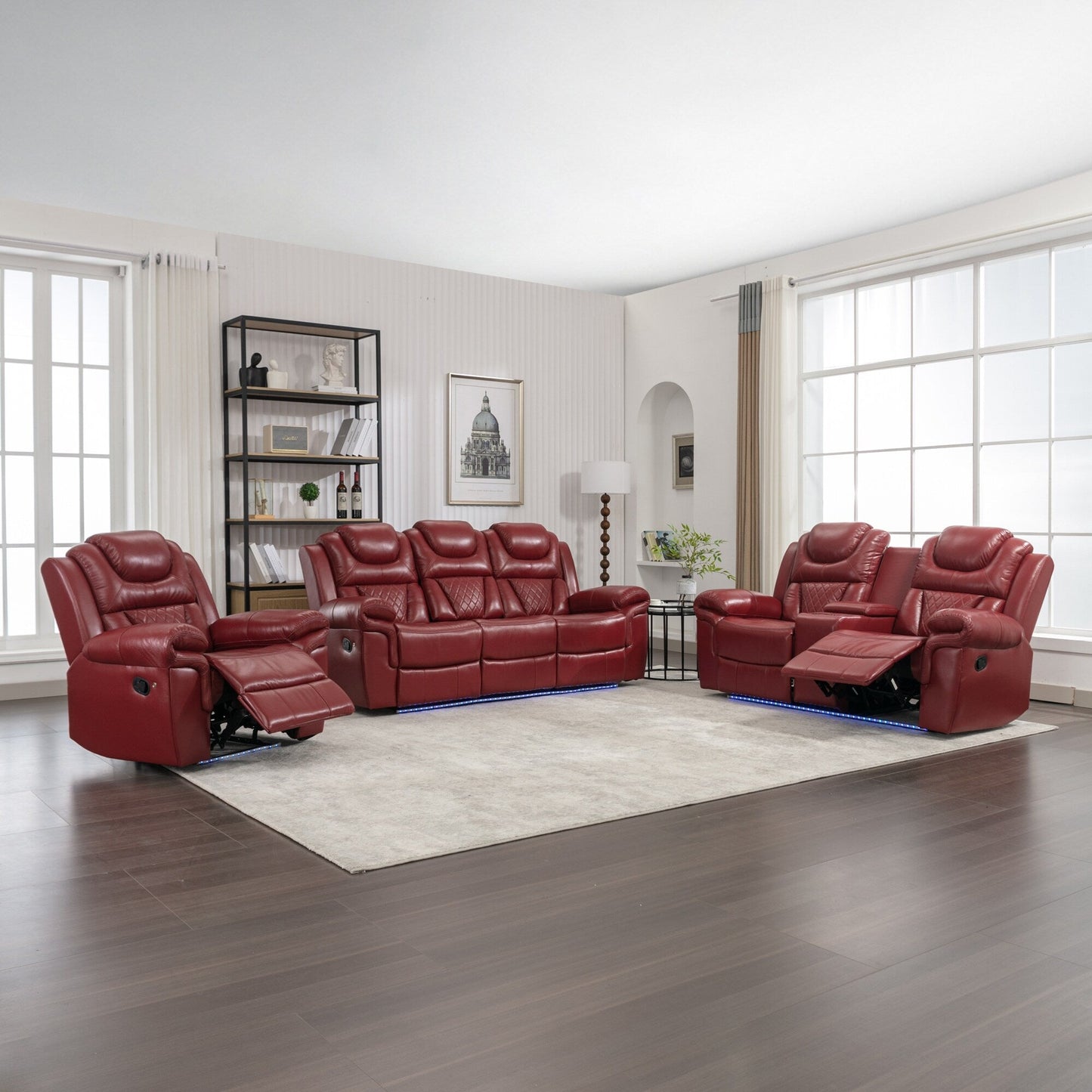 Roomfitters 3 Pcs Recliner Sofa Set with Manual Recliner Chairs, Center Console Storage, and Soft Ambient Lighting