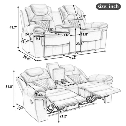 Roomfitters 3 Pcs Recliner Sofa Set with Manual Recliner Chairs, Center Console Storage, and Soft Ambient Lighting