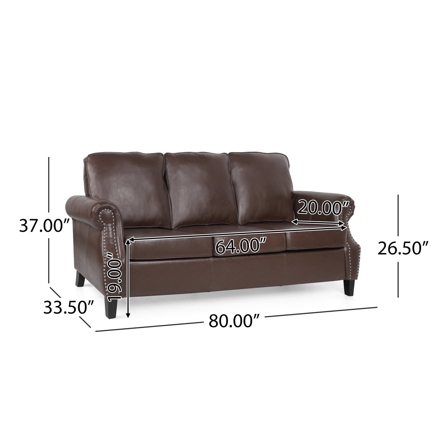 Roomfitters 3 Seater Classic Faux Leather Sofa with Rolled Arms and Nailhead Trim for Living Room or Study