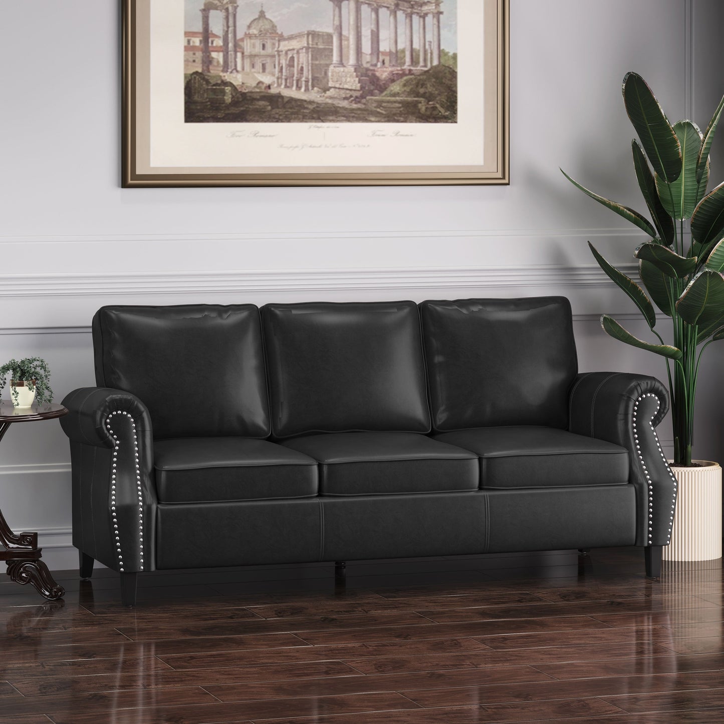 Roomfitters 3 Seater Classic Faux Leather Sofa with Rolled Arms and Nailhead Trim for Living Room or Study