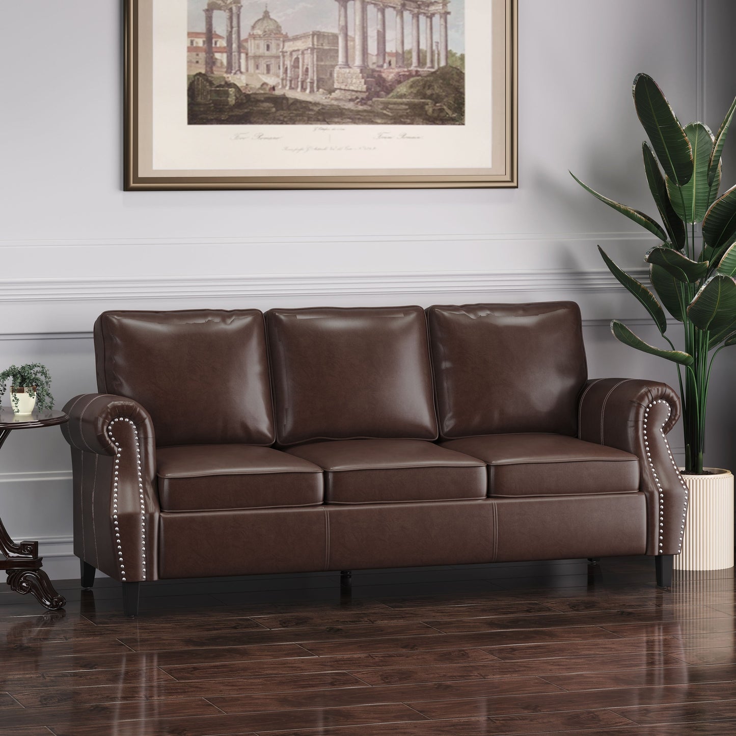 Roomfitters 3 Seater Classic Faux Leather Sofa with Rolled Arms and Nailhead Trim for Living Room or Study