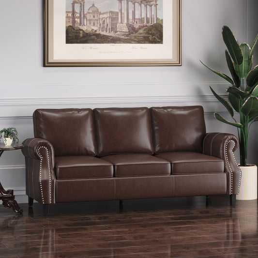 Roomfitters 3 Seater Classic Faux Leather Sofa with Rolled Arms and Nailhead Trim for Living Room or Study