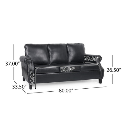 Roomfitters 3 Seater Classic Faux Leather Sofa with Rolled Arms and Nailhead Trim for Living Room or Study