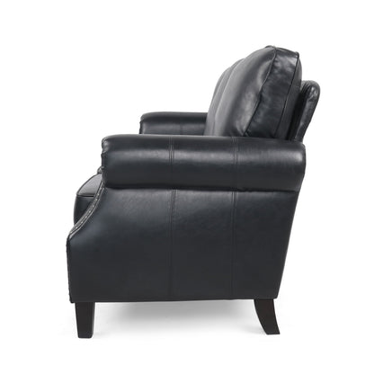 Roomfitters 3 Seater Classic Faux Leather Sofa with Rolled Arms and Nailhead Trim for Living Room or Study