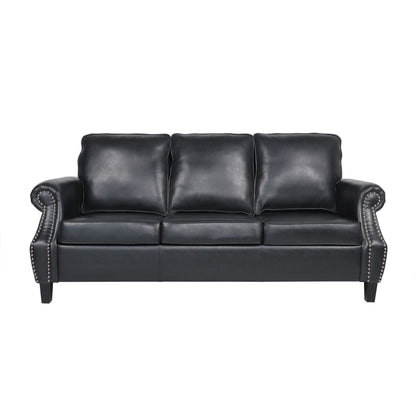 Roomfitters 3 Seater Classic Faux Leather Sofa with Rolled Arms and Nailhead Trim for Living Room or Study