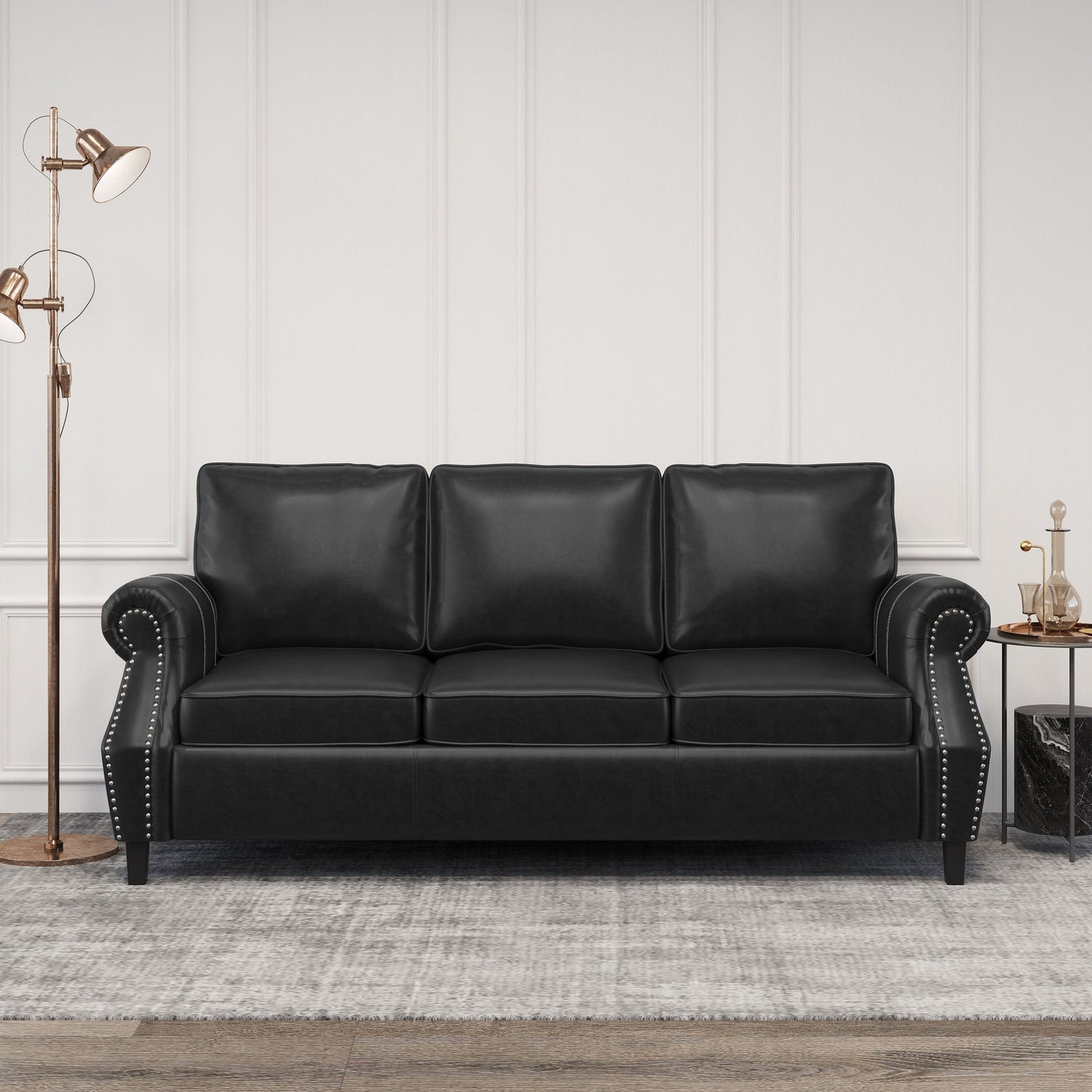 Roomfitters 3 Seater Classic Faux Leather Sofa with Rolled Arms and Nailhead Trim for Living Room or Study