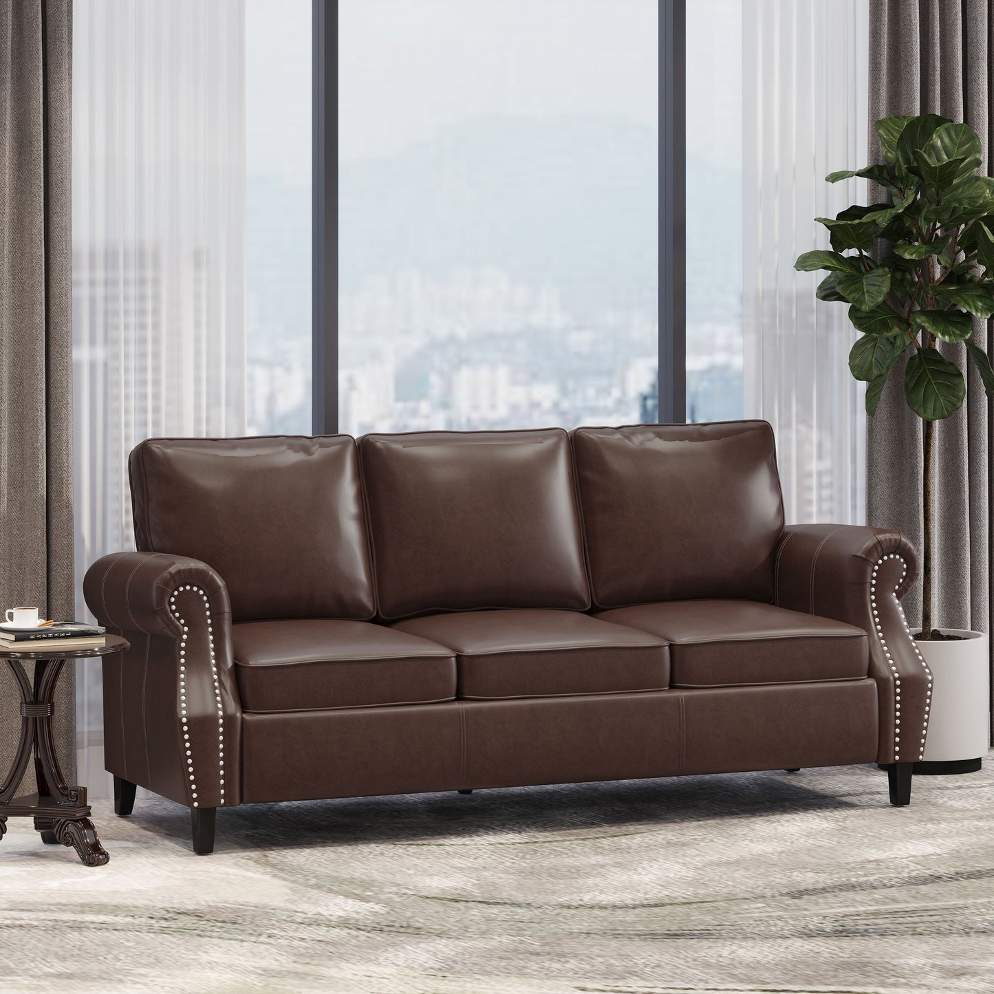 Roomfitters 3 Seater Classic Faux Leather Sofa with Rolled Arms and Nailhead Trim for Living Room or Study