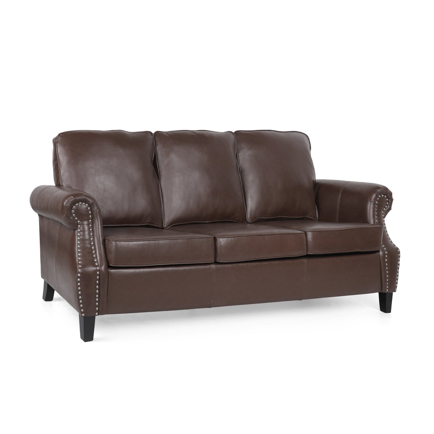 Roomfitters 3 Seater Classic Faux Leather Sofa with Rolled Arms and Nailhead Trim for Living Room or Study