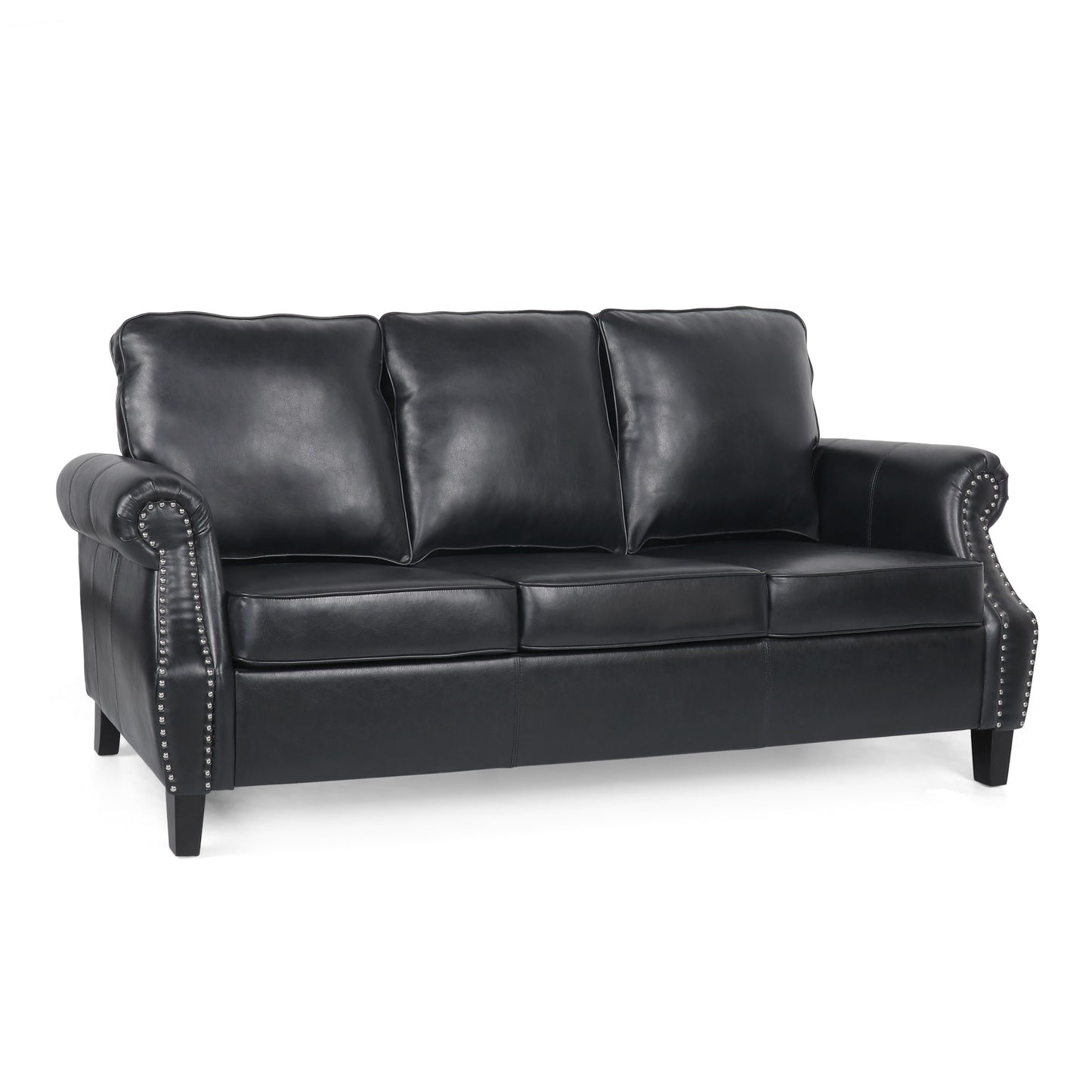 Roomfitters 3 Seater Classic Faux Leather Sofa with Rolled Arms and Nailhead Trim for Living Room or Study