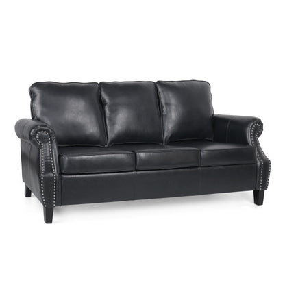 Roomfitters 3 Seater Classic Faux Leather Sofa with Rolled Arms and Nailhead Trim for Living Room or Study